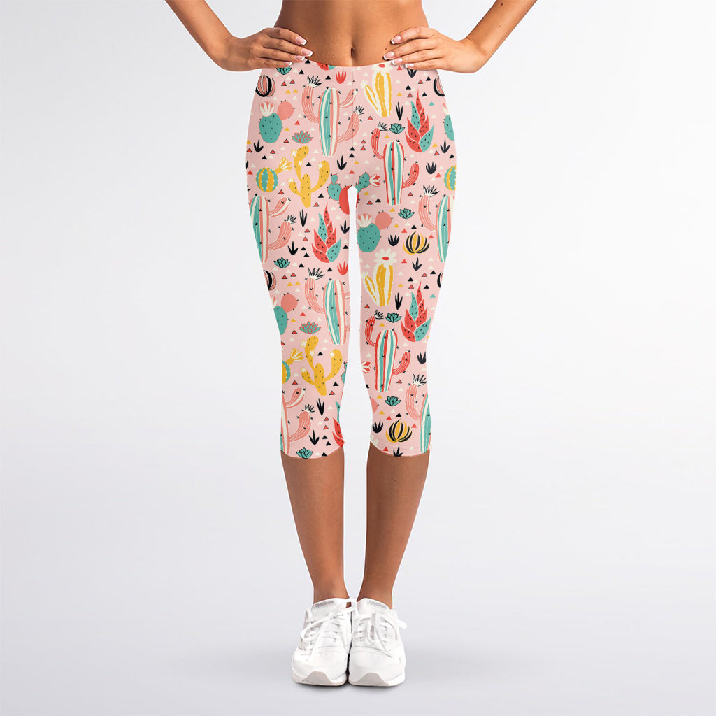 Pastel Cactus And Succulent Print Women's Capri Leggings