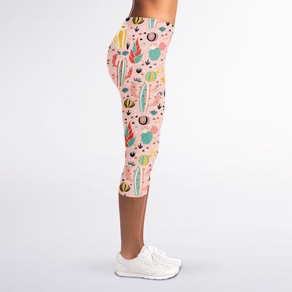 Pastel Cactus And Succulent Print Women's Capri Leggings