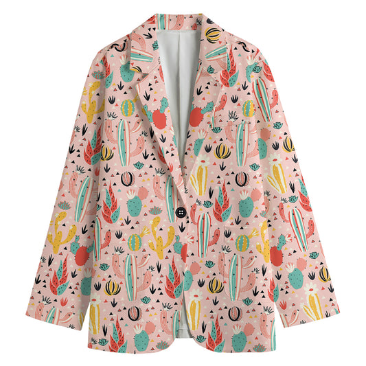 Pastel Cactus And Succulent Print Women's Cotton Blazer