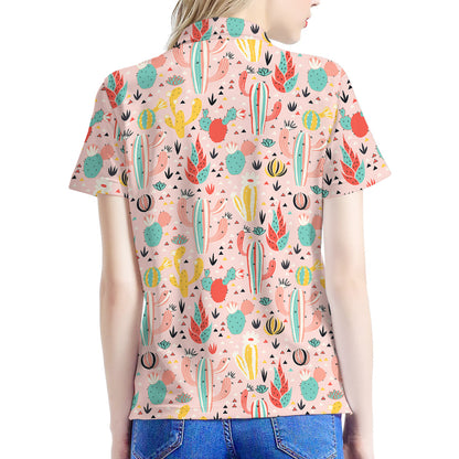 Pastel Cactus And Succulent Print Women's Polo Shirt