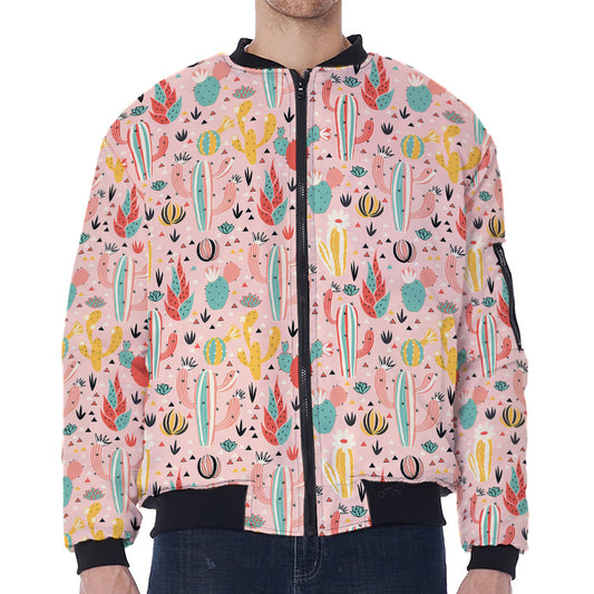 Pastel Cactus And Succulent Print Zip Sleeve Bomber Jacket