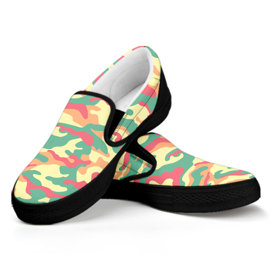 Pastel Camouflage Print Black Slip On Sneakers