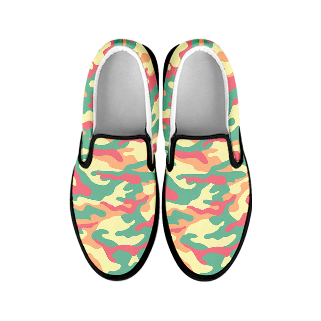 Pastel Camouflage Print Black Slip On Sneakers