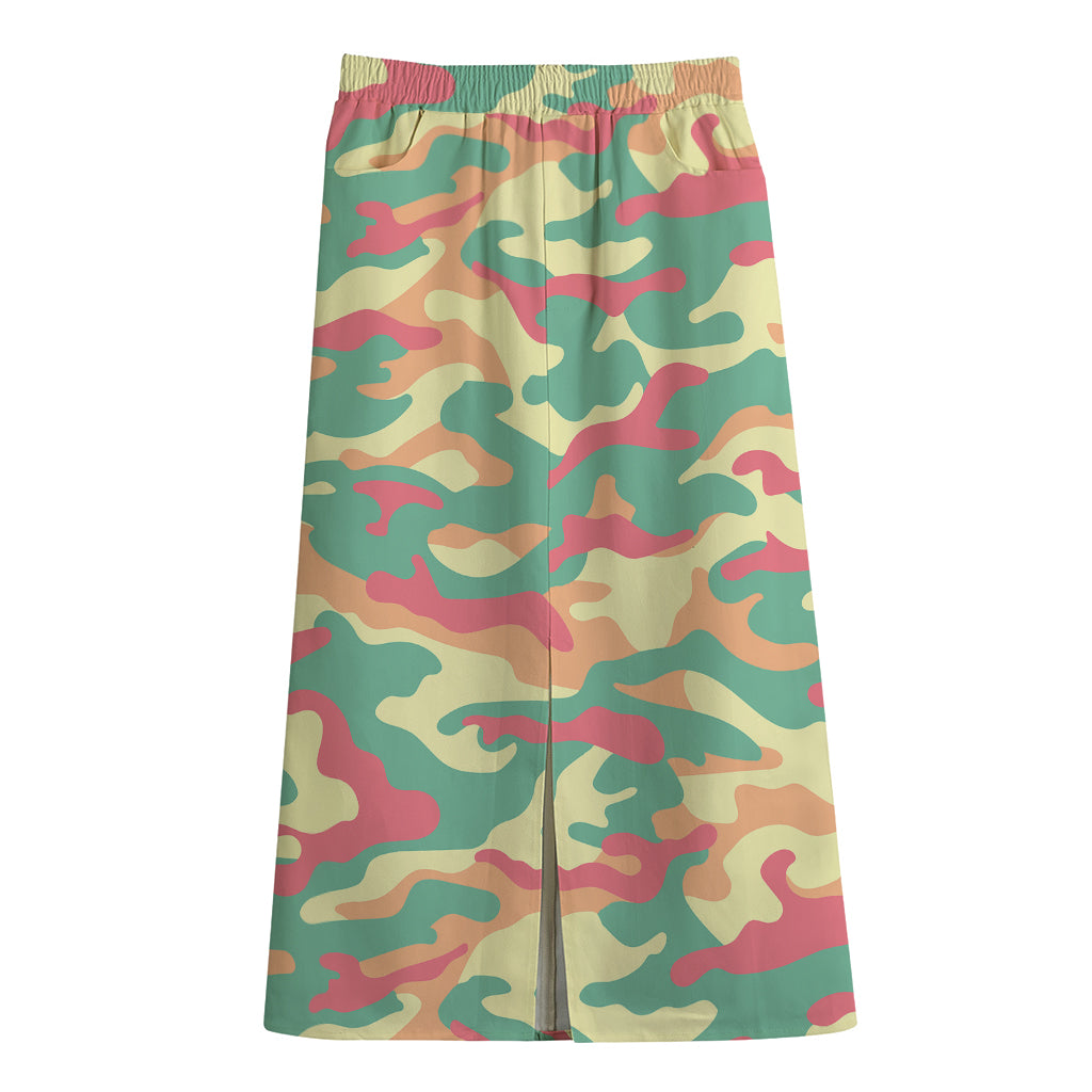 Pastel Camouflage Print Cotton Front Slit Maxi Skirt