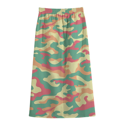 Pastel Camouflage Print Cotton Front Slit Maxi Skirt