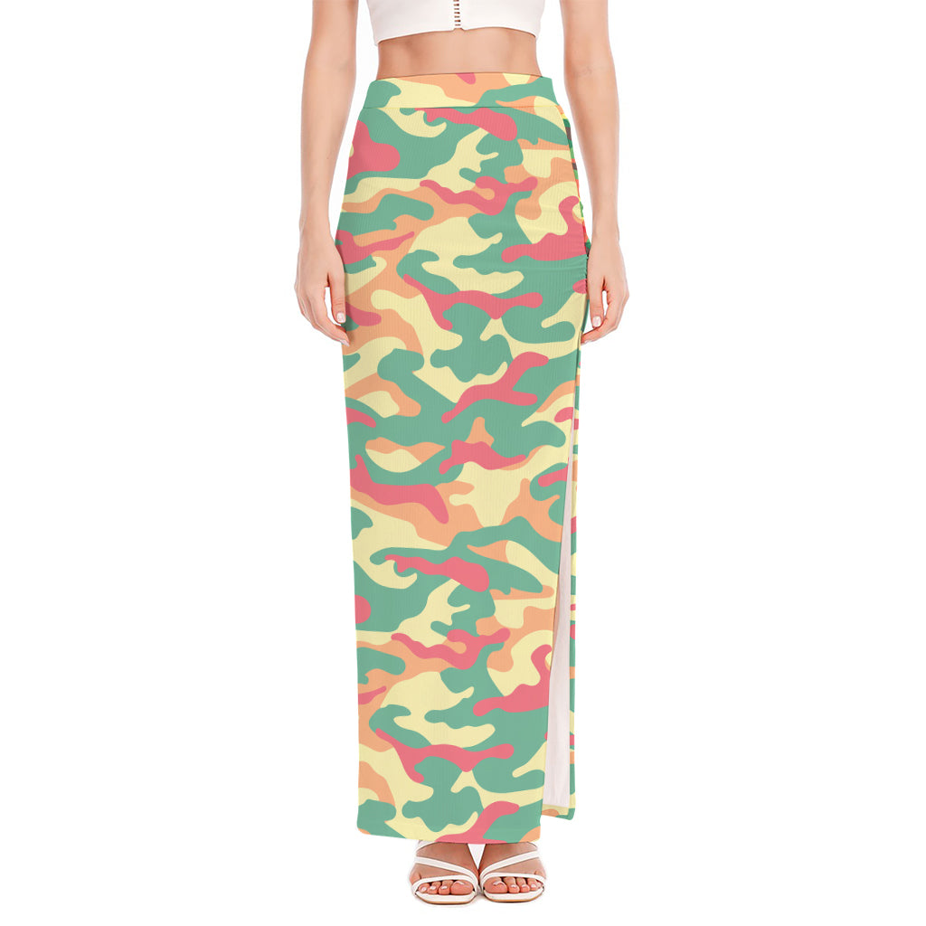 Pastel Camouflage Print High Slit Maxi Skirt