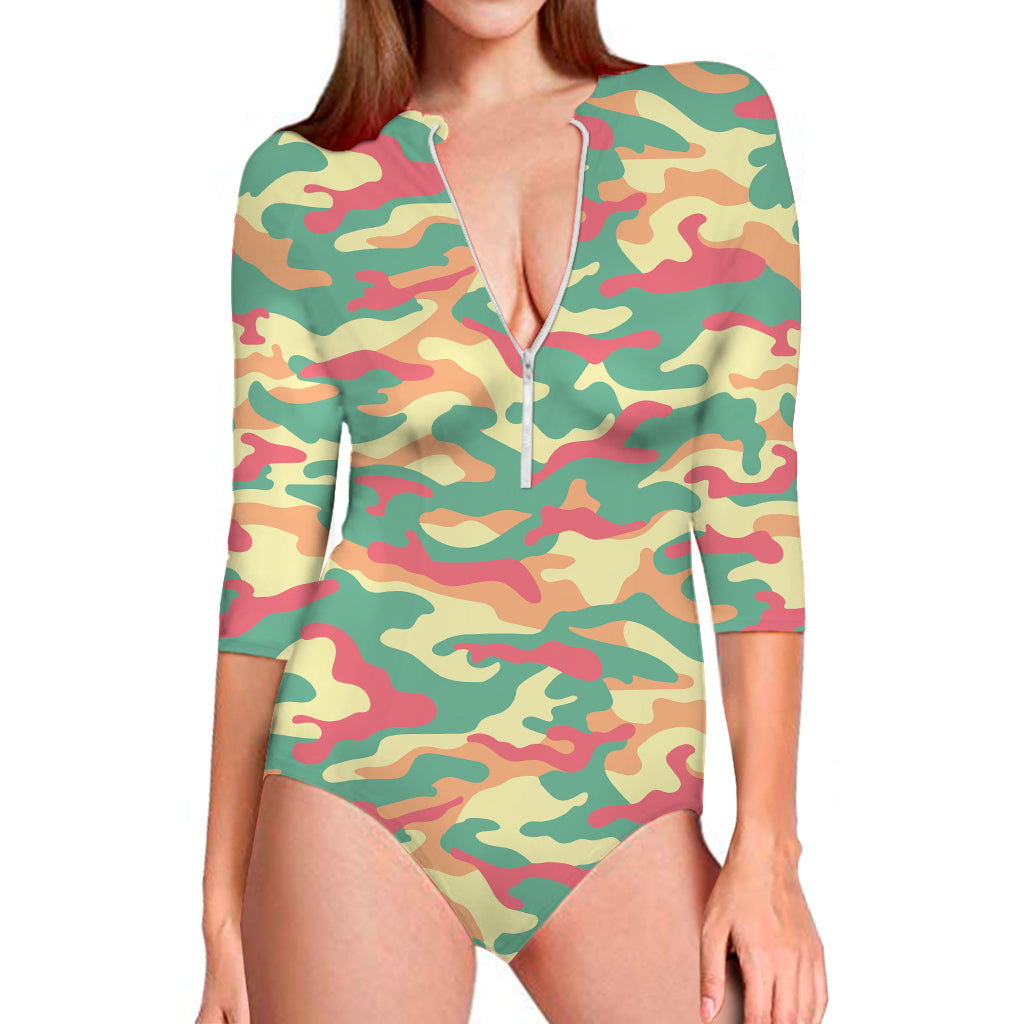Pastel Camouflage Print Long Sleeve Swimsuit