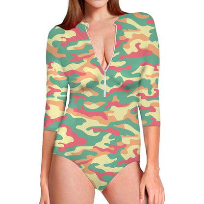 Pastel Camouflage Print Long Sleeve Swimsuit