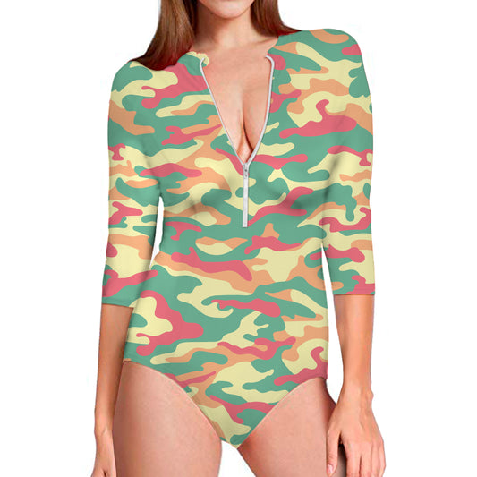 Pastel Camouflage Print Long Sleeve Swimsuit