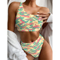Pastel Camouflage Print One Shoulder Bikini Set