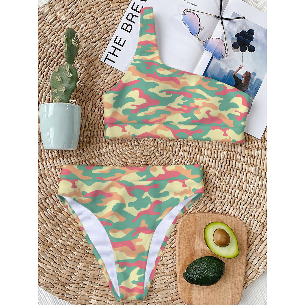 Pastel Camouflage Print One Shoulder Bikini Top