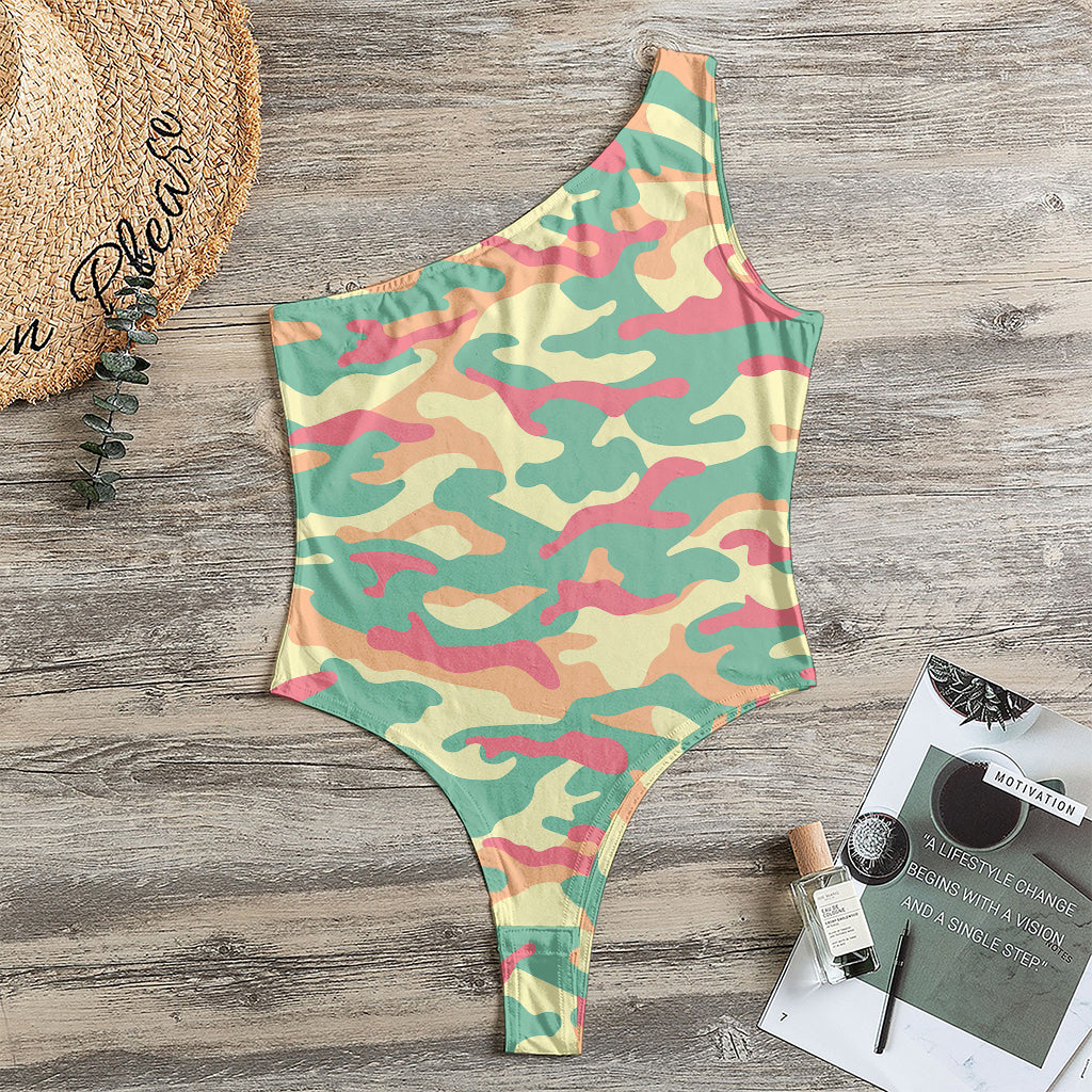 Pastel Camouflage Print One Shoulder Bodysuit