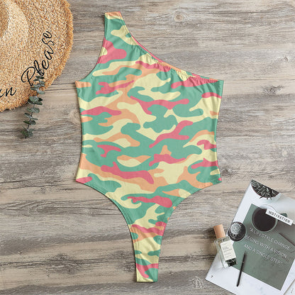 Pastel Camouflage Print One Shoulder Bodysuit