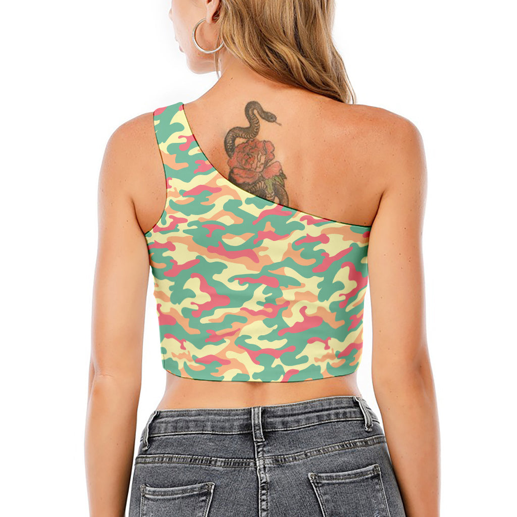 Pastel Camouflage Print One Shoulder Crop Top
