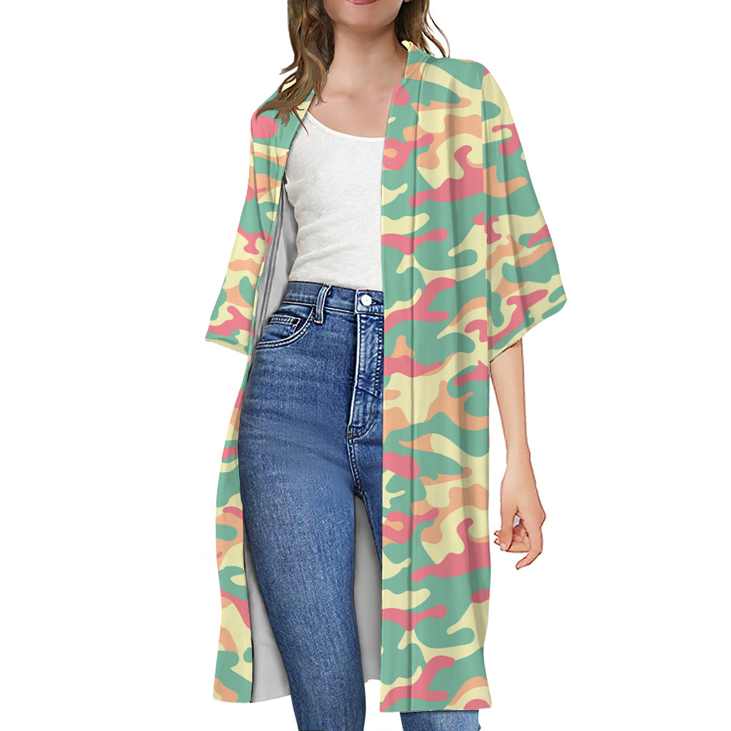 Pastel Camouflage Print Open Front Beach Cover Up
