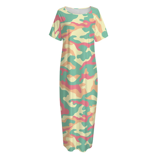 Pastel Camouflage Print Short Sleeve Long Nightdress