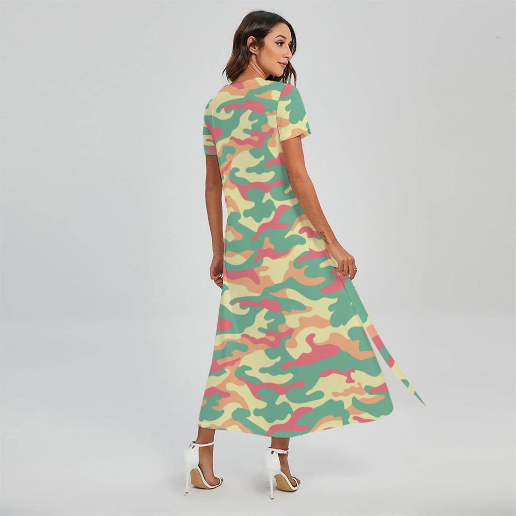 Pastel Camouflage Print Short Sleeve Maxi Dress