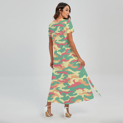 Pastel Camouflage Print Short Sleeve Maxi Dress