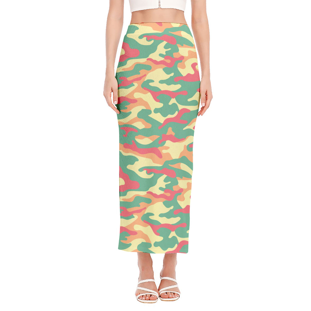 Pastel Camouflage Print Side Slit Maxi Skirt