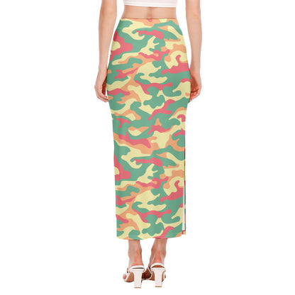 Pastel Camouflage Print Side Slit Maxi Skirt