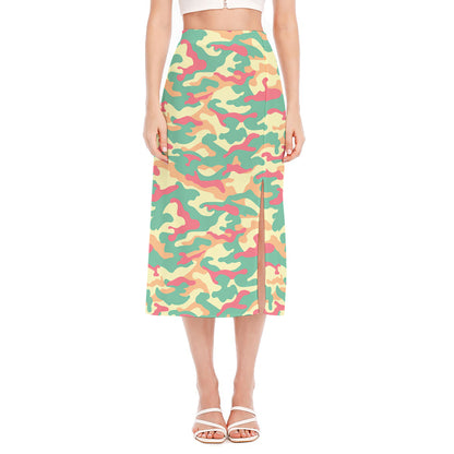 Pastel Camouflage Print Side Slit Midi Skirt