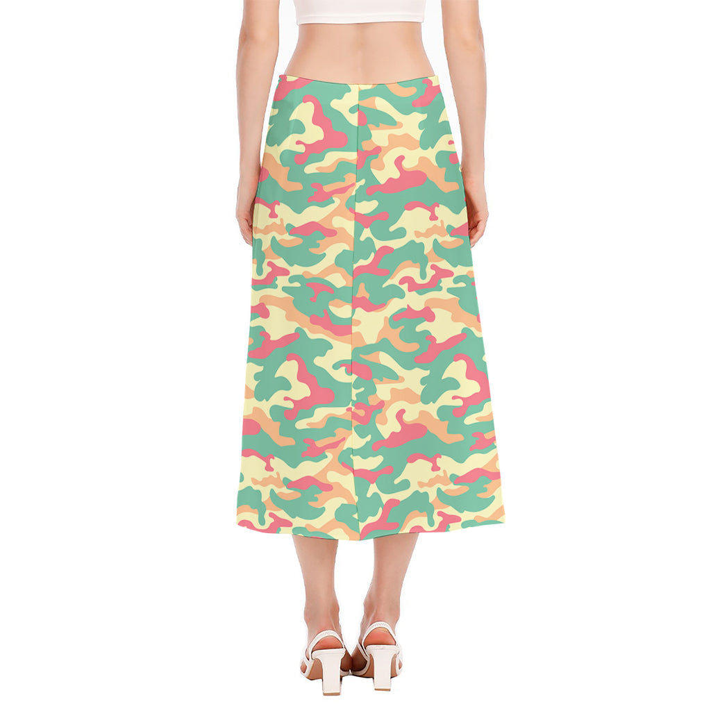 Pastel Camouflage Print Side Slit Midi Skirt