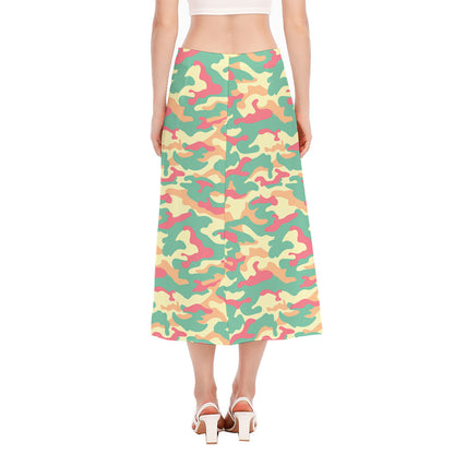 Pastel Camouflage Print Side Slit Midi Skirt