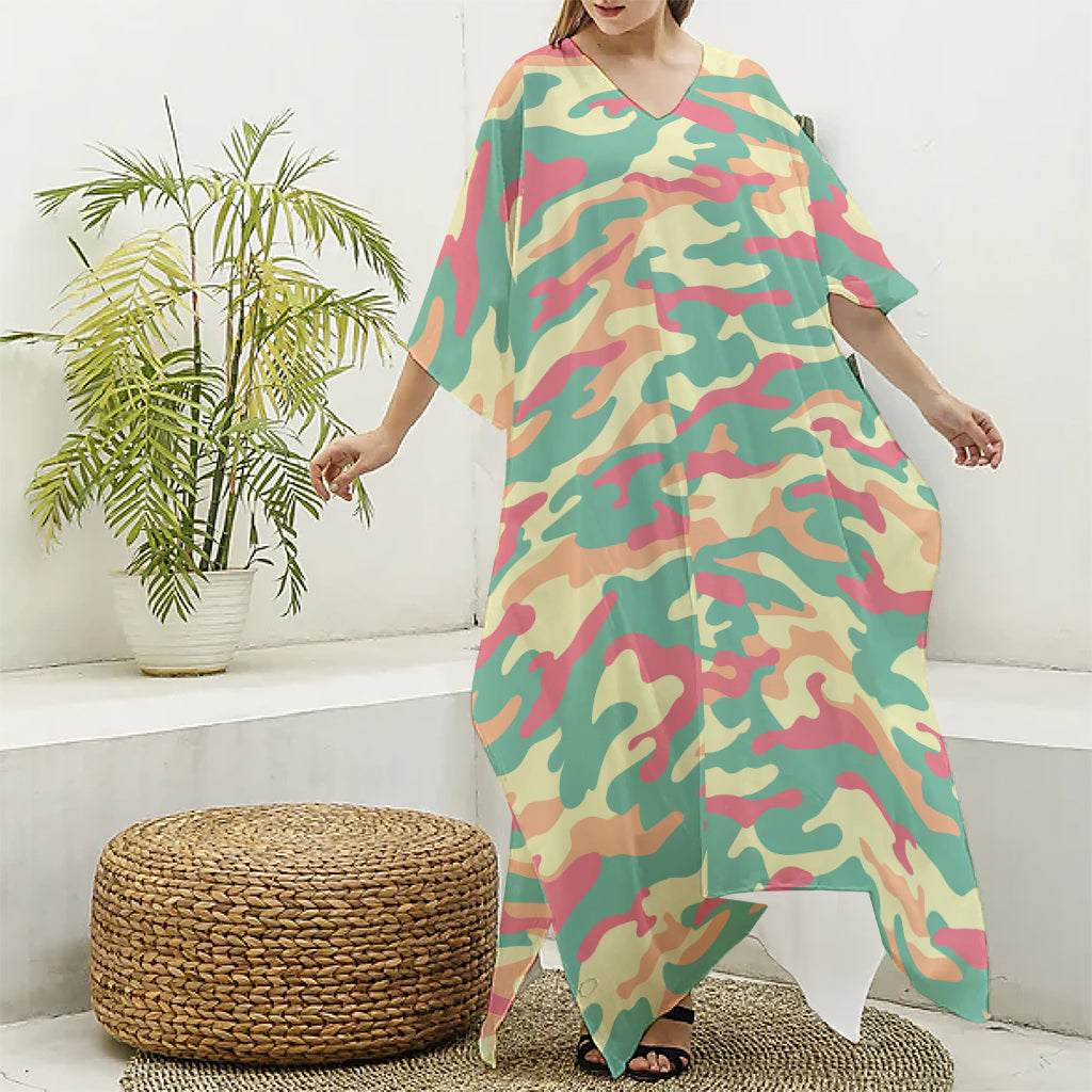Pastel Camouflage Print Silk V-Neck Kaftan Dress