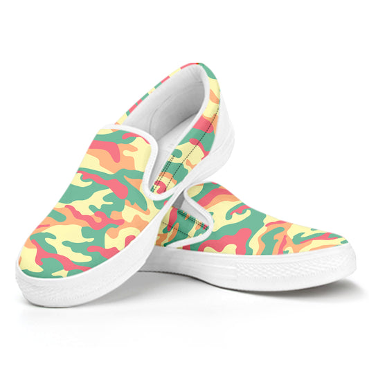 Pastel Camouflage Print White Slip On Sneakers