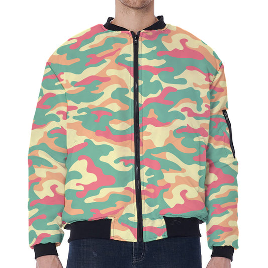 Pastel Camouflage Print Zip Sleeve Bomber Jacket