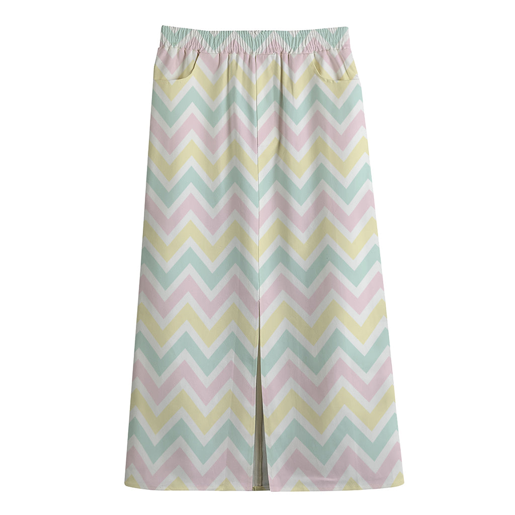 Pastel Chevron Pattern Print Cotton Front Slit Maxi Skirt