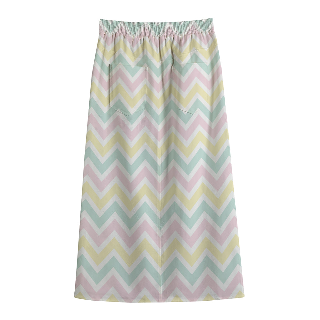 Pastel Chevron Pattern Print Cotton Front Slit Maxi Skirt