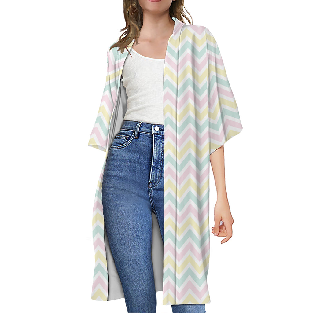 Pastel Chevron Pattern Print Open Front Beach Cover Up