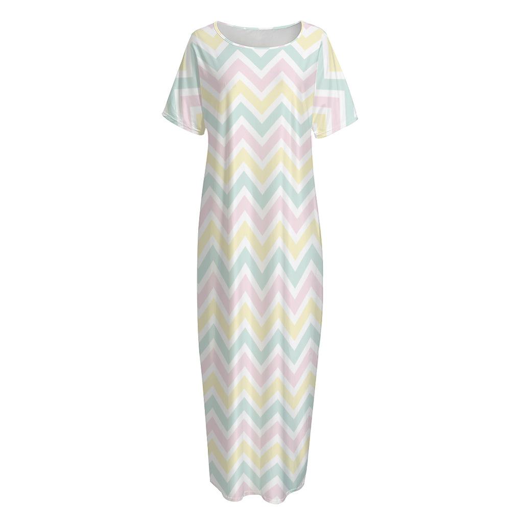 Pastel Chevron Pattern Print Short Sleeve Long Nightdress