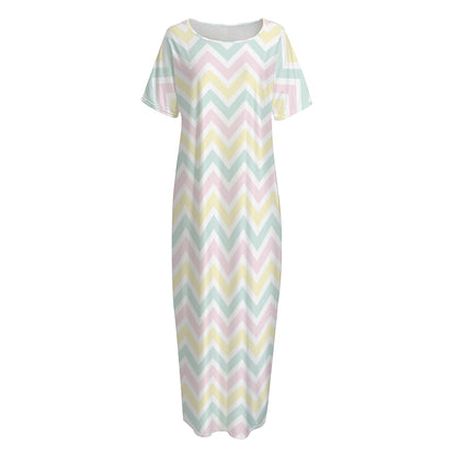 Pastel Chevron Pattern Print Short Sleeve Long Nightdress