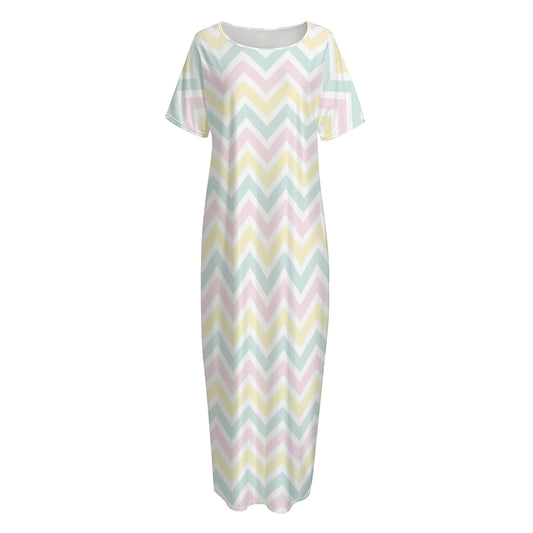 Pastel Chevron Pattern Print Short Sleeve Long Nightdress