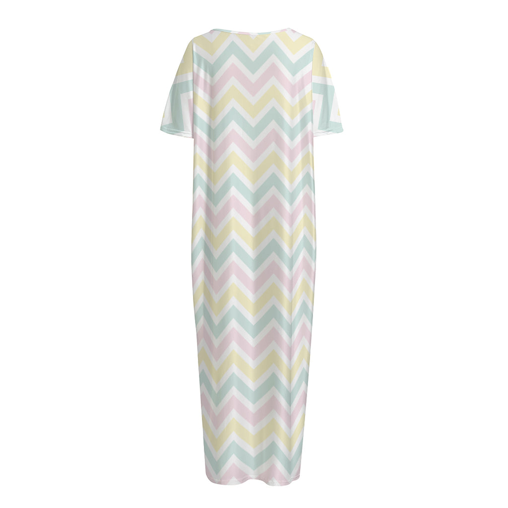 Pastel Chevron Pattern Print Short Sleeve Long Nightdress