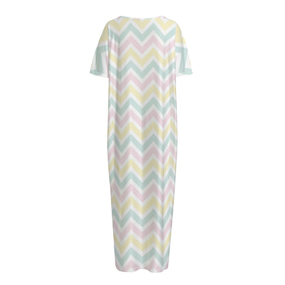 Pastel Chevron Pattern Print Short Sleeve Long Nightdress