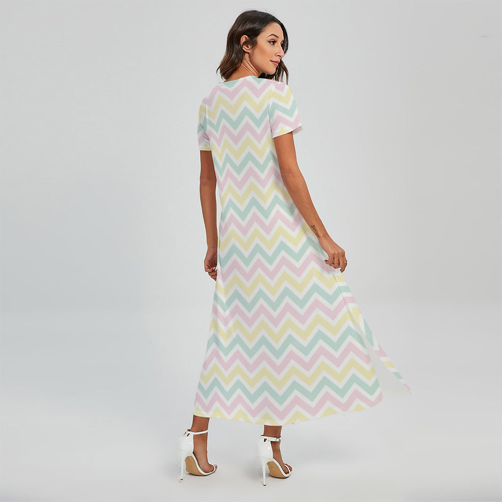 Pastel Chevron Pattern Print Short Sleeve Maxi Dress