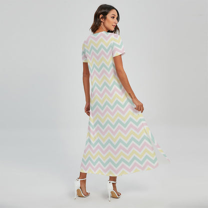 Pastel Chevron Pattern Print Short Sleeve Maxi Dress