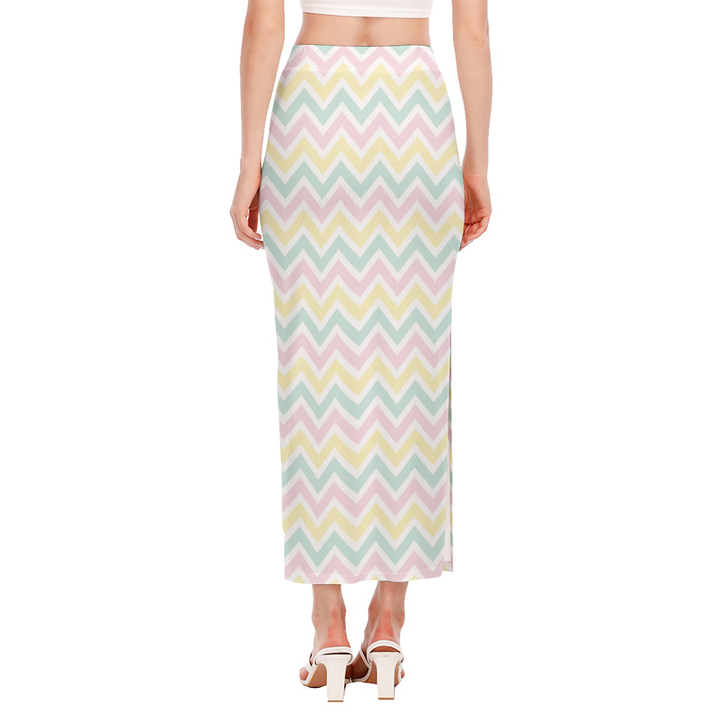 Pastel Chevron Pattern Print Side Slit Maxi Skirt