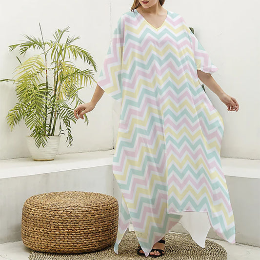 Pastel Chevron Pattern Print Silk V-Neck Kaftan Dress