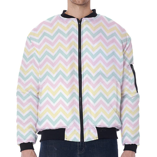 Pastel Chevron Pattern Print Zip Sleeve Bomber Jacket