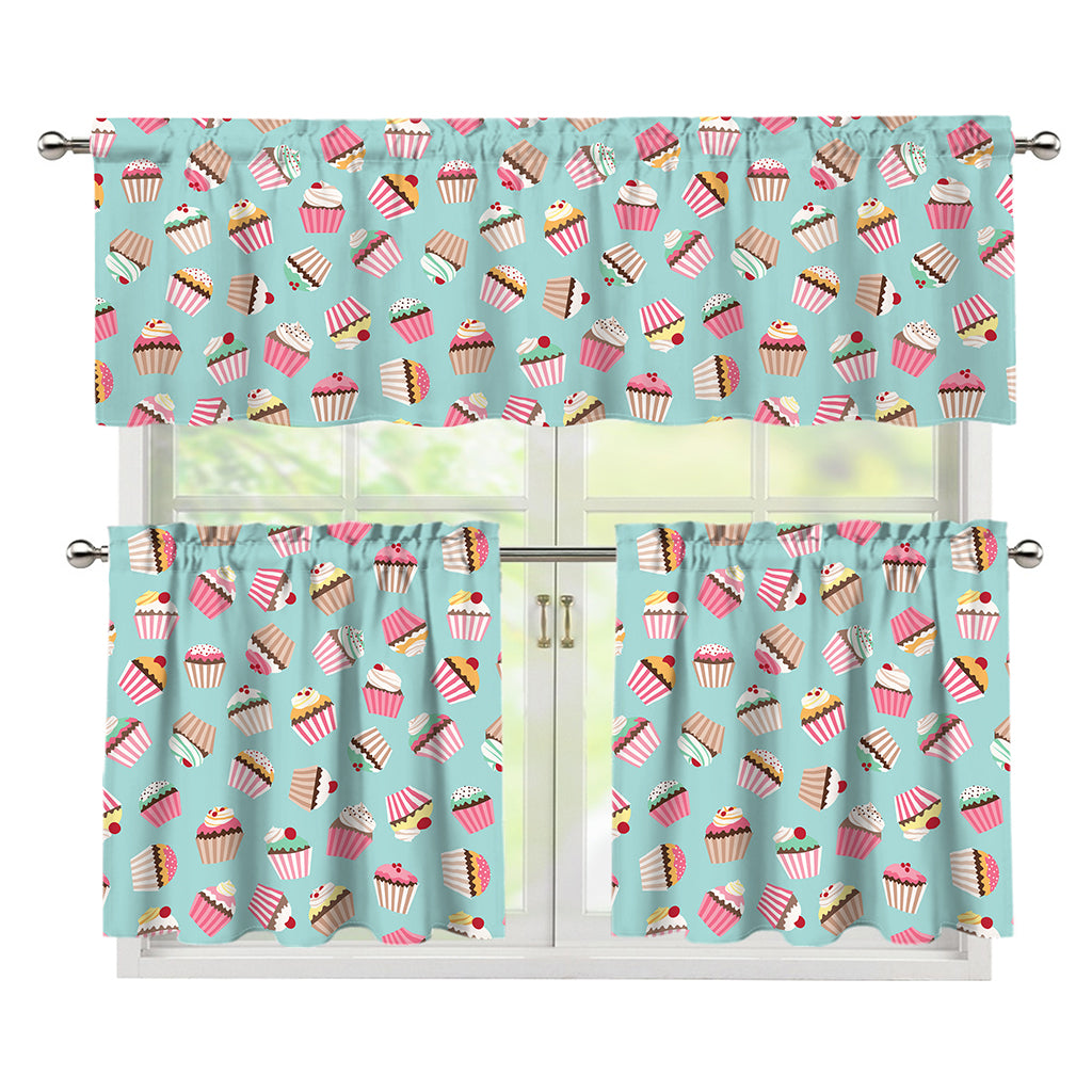 Pastel Cupcake Pattern Print 3 Piece Kitchen Curtains