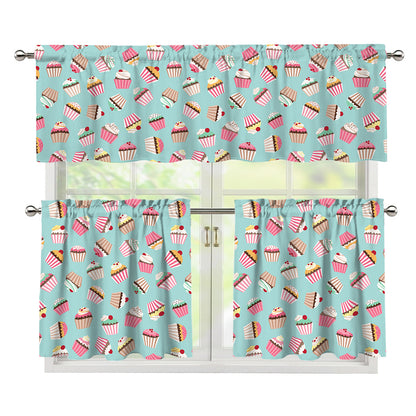 Pastel Cupcake Pattern Print 3 Piece Kitchen Curtains