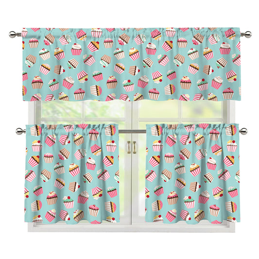 Pastel Cupcake Pattern Print 3 Piece Kitchen Curtains