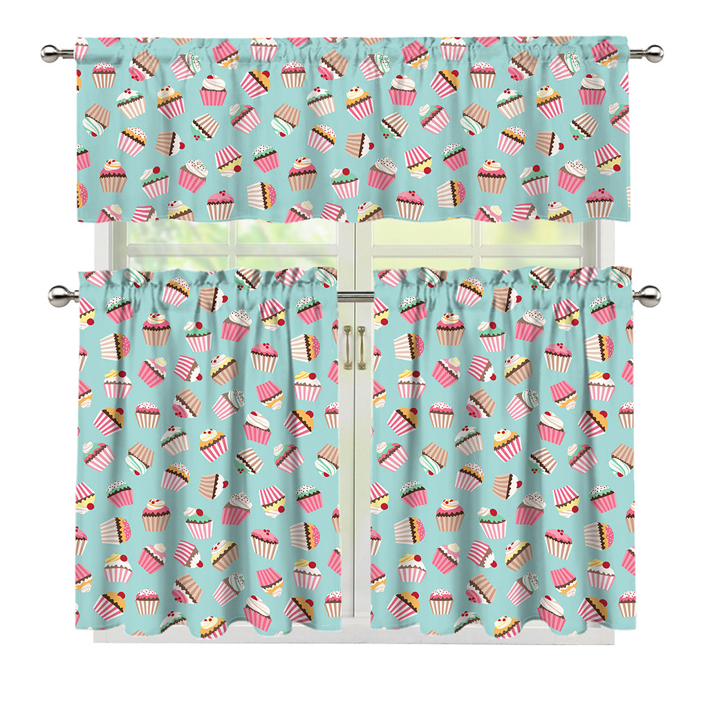 Pastel Cupcake Pattern Print 3 Piece Kitchen Curtains