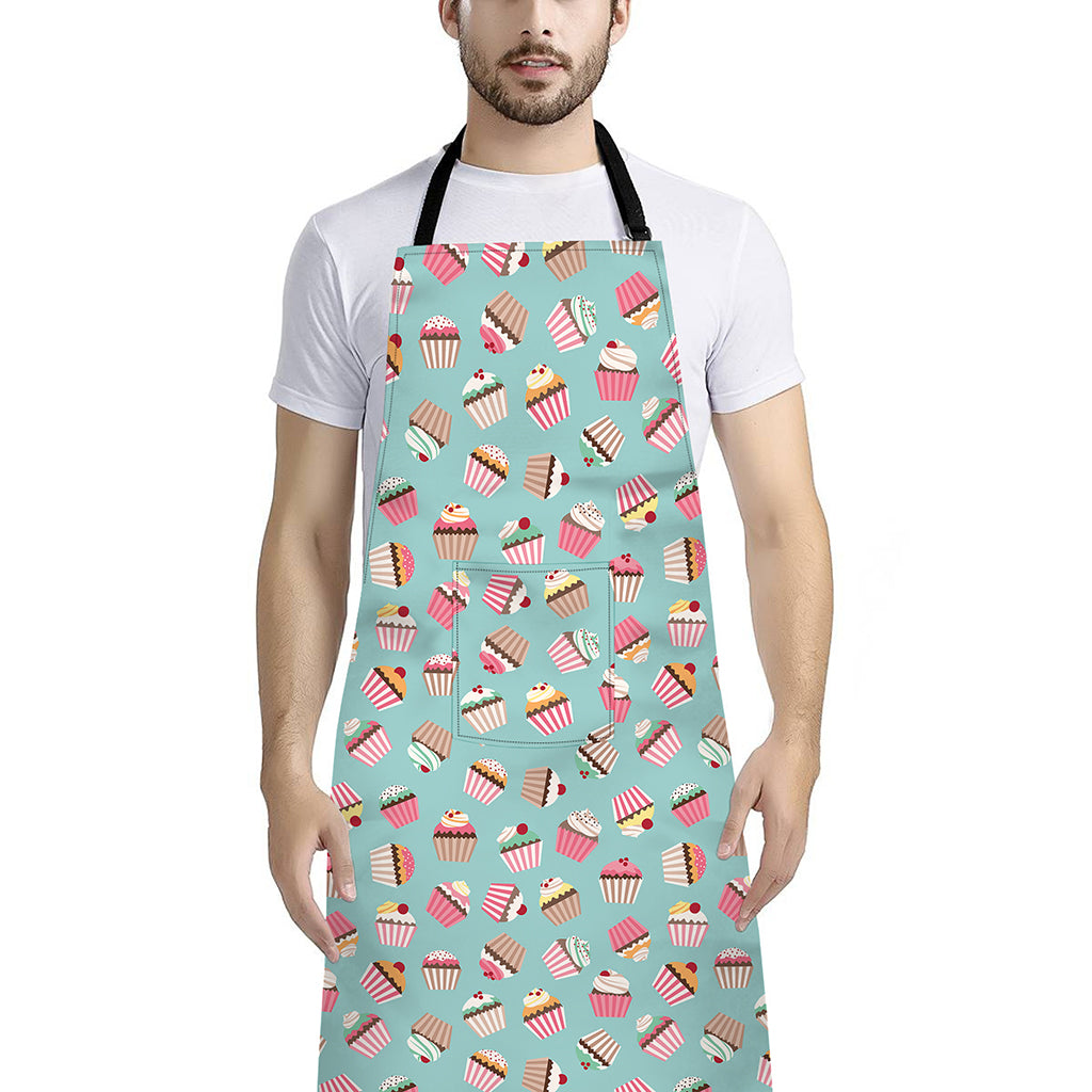 Pastel Cupcake Pattern Print Bib Apron With Pocket