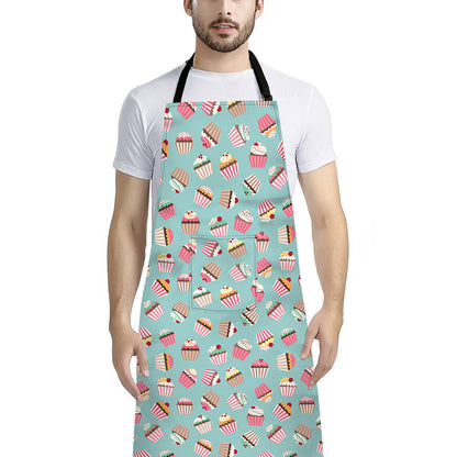 Pastel Cupcake Pattern Print Bib Apron With Pocket