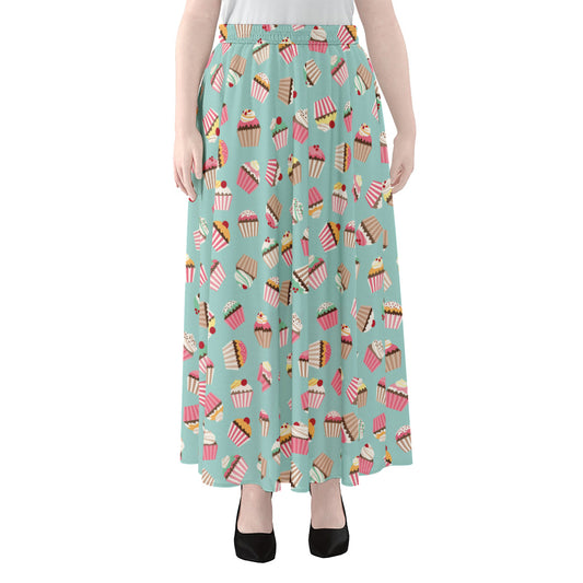 Pastel Cupcake Pattern Print Chiffon Maxi Skirt